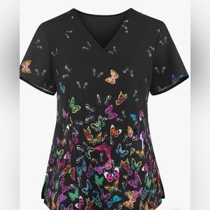 Beautiful V Neck Butterfly Scrub Top NWOT.